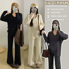 批发孕妇套装 2025秋冬新款时尚海军领长袖加厚坑条毛衣+阔腿裤两件套