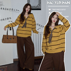 批发<b class='q'>孕妇装</b> 2025新款时尚翻领长袖条纹毛衣宽松百搭针织<b class='q'>上衣</b>针织毛衣