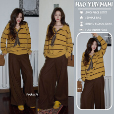 批发<b class='q'>孕妇装</b>2025新款时尚翻领长袖黄色POLO领条纹加厚毛衣长袖针织<b class='q'>上衣</b>