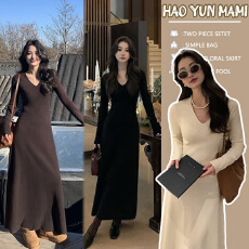 批发<b class='q'>孕妇装</b> 2025新款时尚高级感显瘦v领针织打底裙长款大衣内搭连衣裙