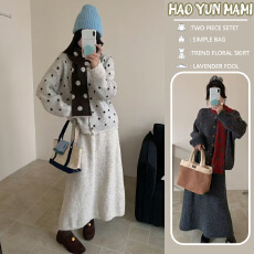 孕妇套装 2025新款波点毛衣针织衫长袖上衣+半身裙配围巾三件套装