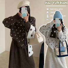 批发孕妇套装 2025新款品减龄撞色波点针织开衫毛衣+半身裙带围巾套装