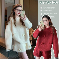 孕妇套装 2025新款加厚宽松慵懒针织红色蝴蝶结毛衣半身裙两件套