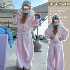 批发孕妇套装2025新款<b class='q'>时尚</b>慵懒风高级感减龄加绒加厚粉色毛领卫衣套装