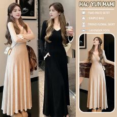 批发孕妇装 2025蕾丝拼接内搭长袖连衣裙女秋冬修身长裙设计感针织裙