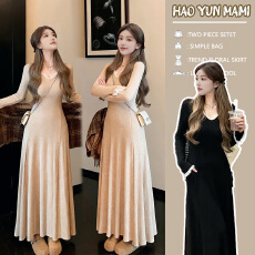 孕妇装2025新款蕾丝拼接针织打底连衣裙子女秋冬季配大衣内搭长裙