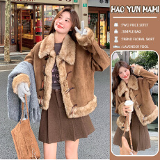 批发孕妇装2026新款美拉德加厚牛角扣独特超好看复古毛毛拼麂皮绒外套