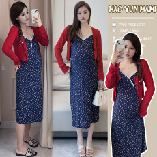 批发现现~2026新款<b class='q'>夏季</b>清新时尚百搭法式碎花吊带+长裙两件套孕妇裙