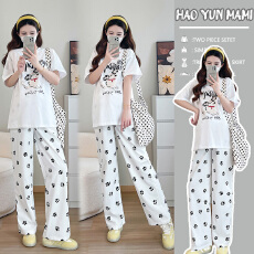 批发实拍现现~2026新款夏季宽松慵懒休闲白色时尚T恤+狗爪印花<b class='q'>裤</b>套<b class='q'>装</b>