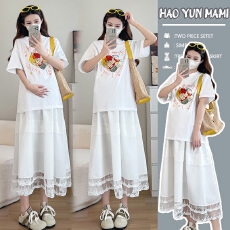 批发实拍现现~2026新款夏季时尚潮妈穿搭宽松白色短袖t恤+托腹半身裙