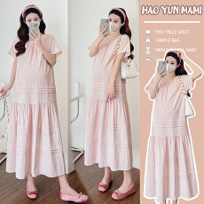 批发实拍现现~2026夏季新款夏季法式时尚宽松不显怀纯色孕期薄款长裙