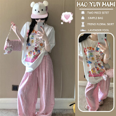 批发新品现现~2026春夏季新款<b class='q'>时尚</b><b class='q'>运动服</b>趣味卡通短袖T恤+格子裤套装