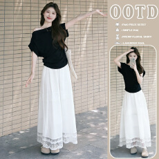 批发新品现现~2026年夏季新款斜肩露肩黑色<b class='q'>T</b><b class='q'>恤</b>+<b class='q'>白色</b>托腹半身裙两件套