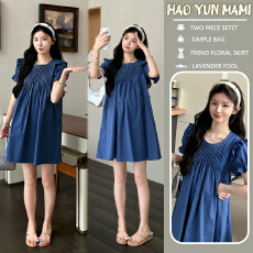 实拍现现~2026新款法式时尚洋气宽松减龄小个子蓝色飞飞袖连衣裙