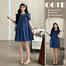 批发实拍现现~2026新款时尚简约高品质夏季孕期穿搭小个子蓝色<b class='q'>连衣裙</b>