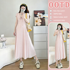 实拍现现 ~ 2026夏季新款简约休闲高级感薄款短袖时尚粉色连衣裙