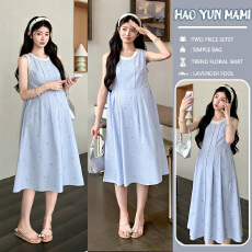 实拍现现~2026夏季新款时尚减龄显瘦独特蝴蝶蓝色条纹无袖连衣裙