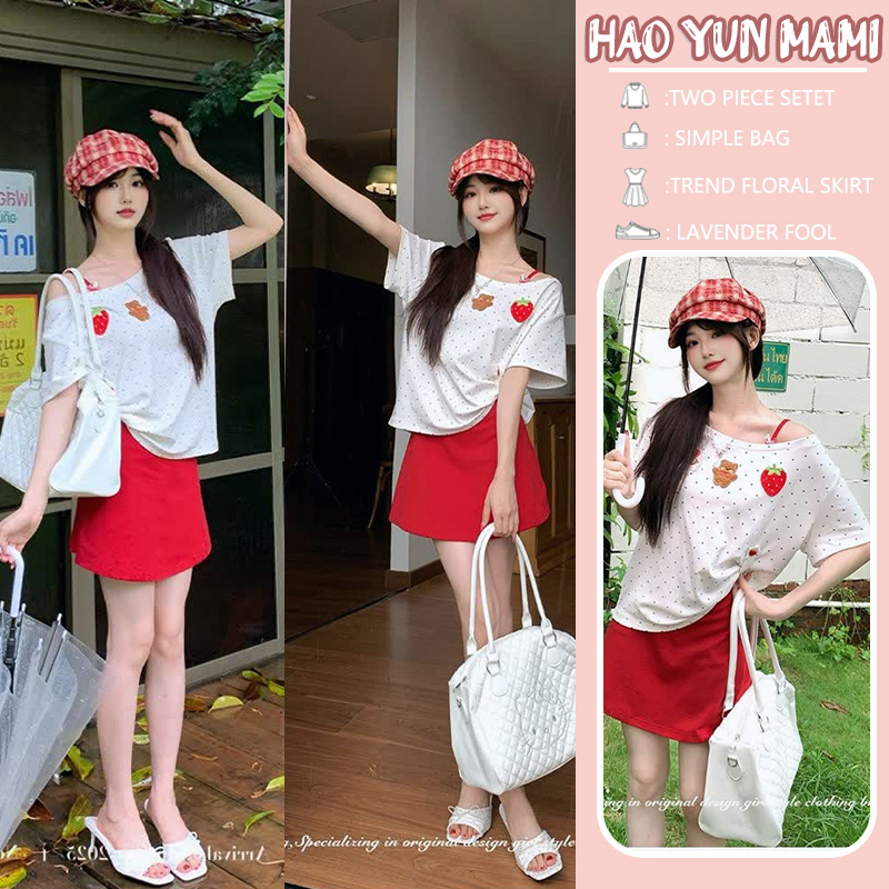 신제품 지금 여름 화이트 도트 무늬 작은 곰 딸기 맨위 빨간색 있음 가슴 패드 슬립 드레스