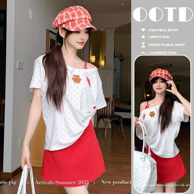 신제품 지금 여름 화이트 도트 무늬 작은 곰 딸기 티셔츠 맨위 빨간색 플러스 가슴 패드 슬립 치마 세트