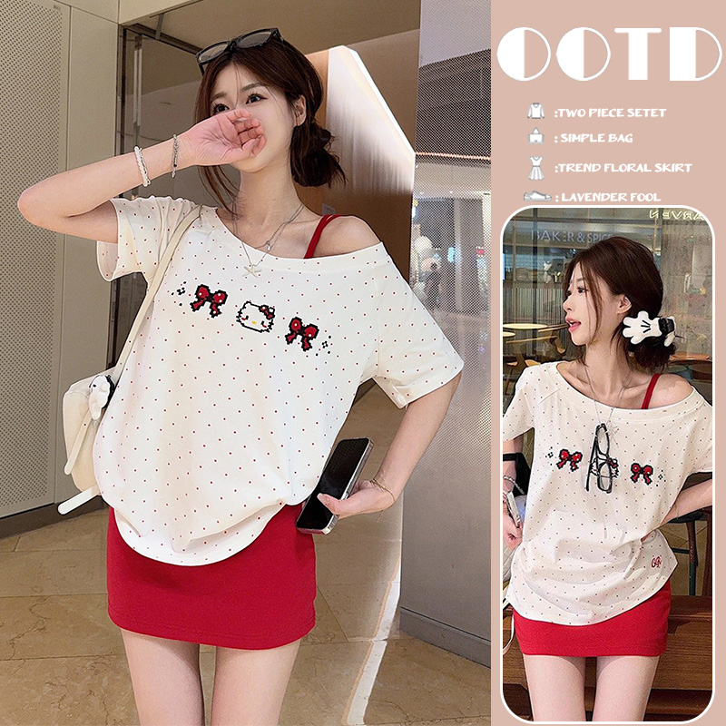 신제품 지금 여름 달콤한 매운맛 바람 도트 무늬 긍정적 인 어깨 반팔 티셔츠 맨위 빨간색 슬립 드레스 플러스 가슴 패드