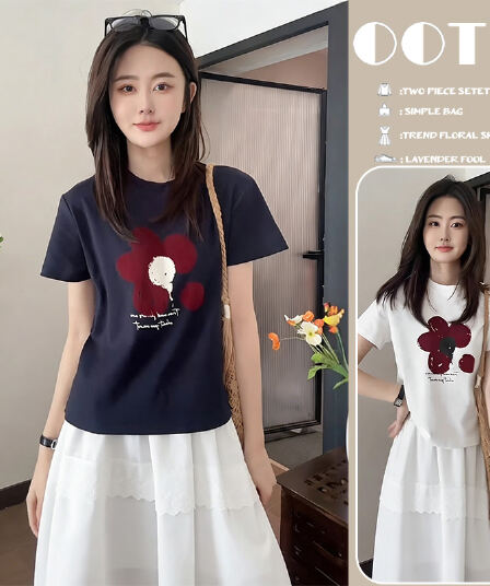 신제품 지금 여름 패션 캐주얼 다용도 루즈핏 반팔 티셔츠 화이트 패치워크 레이스 복부 지지 반신 스커트