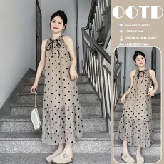 批发新品 现 夏季法式时尚减龄孕妈妈穿搭波点挂脖漂亮连衣裙