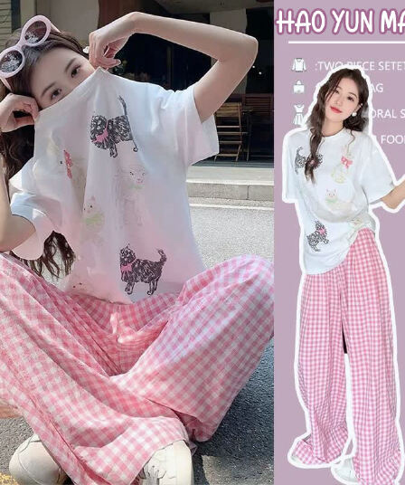 신제품 지금 여름 새로운 만화 고양이 티셔츠 프린트 핑크색 체크무늬 캐주얼 바지 투피스 슈트