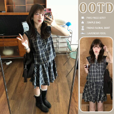 新品 现 夏季高级感赫本风黑色格纹绝美花苞V领无袖连衣裙
