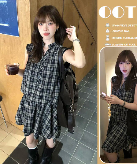신제품 지금 여름 레트로 체크무늬 V넥 패치워크 고급 센스 품격 슬림해 보이는 꽃밭 민소매 드레스