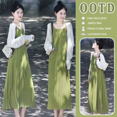 批发新品 现 青绿烟雨法式小清新孕妇连衣裙套装夏季<b class='q'>吊带</b>裙开衫两件套