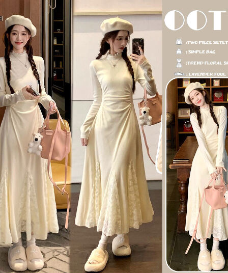 신제품 지금 가을 겨울철 섹션 레트로 긴팔 레이스 조각 반하이넥 몸매 가꾸기 슬림해 보이는 인사이드 가져 가라. 드레스 복장