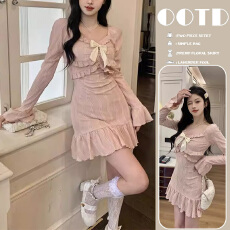 批发新品 现 韩版蝴蝶结初恋甜欲风修身鱼尾提花面料带内里拉链连衣裙
