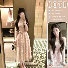 批发新品 现 法式绝美粉色蕾丝拼接长袖蝴蝶结绑带蓬蓬蛋糕连衣裙女