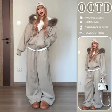 新品 现 秋冬季韩系减龄休闲毛领加绒连帽卫衣阔腿裤两件套