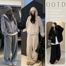 新品 现 秋冬季新款松弛高级感双面绒加厚外套阔腿裤两件套