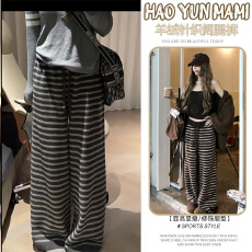批发新品 现 冬季咖色条纹阔腿裤流行针织休闲裤秋冬宽松独特直筒裤
