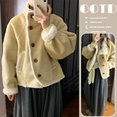 新品 现 秋冬季新款韩系小香风羊羔绒羊羔毛短款毛领外套女
