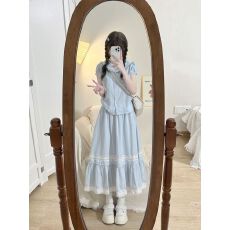 批发温柔两件套上衣减龄时尚花边新款蕾丝<b class='q'>白色</b>拼接半身裙子中长款套装