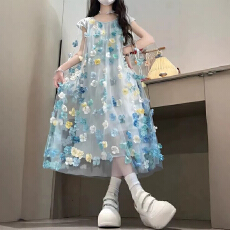 批发甜美可爱立体花朵连衣裙女学生韩系减龄中长连衣裙