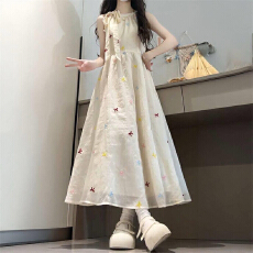 批发新款重工刺绣无袖飘带糖果色胖mm收腰拉链显瘦长裙