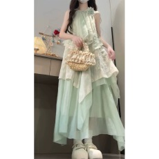 批发海边薄荷绿不规则无袖<b class='q'>连衣裙</b>女款夏季度假风设计感小众蕾丝挂