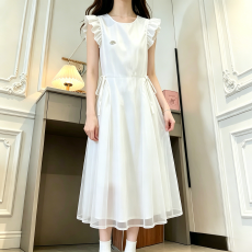批发2026年夏季新款大<b class='q'>童</b>初中生娃娃领飞飞袖系腰带连衣裙