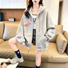 批发2026年秋冬季<b class='q'>新款</b>学院风开衫拉链宽松印花连帽有内衬百搭卫衣