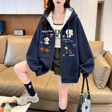 批发2026年秋冬季<b class='q'>新款</b>学院风开衫拉链宽松印花连帽有内衬百搭卫衣