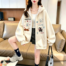 批发2026年秋冬季<b class='q'>新款</b>学院风开衫拉链宽松印花连帽有内衬百搭卫衣