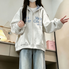 批发2026年秋冬季新款学院风格子帽里<b class='q'>印花</b>拉链开衫宽松百搭卫衣有内衬
