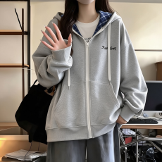 批发2026年秋冬季新款学院风连帽格纹拉链开衫宽松<b class='q'>百搭</b>卫衣有内衬