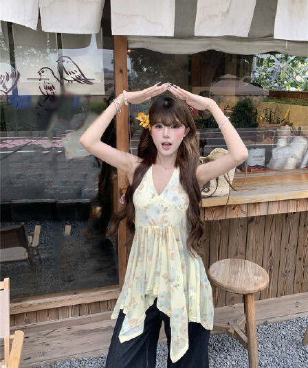 실사 정가 휴가 바람이 아닙니다. 규칙 프랑스식 V넥 행침 목 캐미솔 이른 봄 민소매 맨위