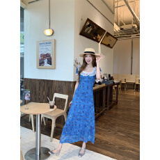 批发实拍实价~法式碎花气质长裙设计感方领蕾丝花边连衣裙