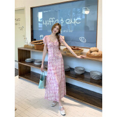 批发实拍实实价~粉色碎花短袖连衣裙春夏季新款<b class='q'>气质</b>荷叶边长裙子